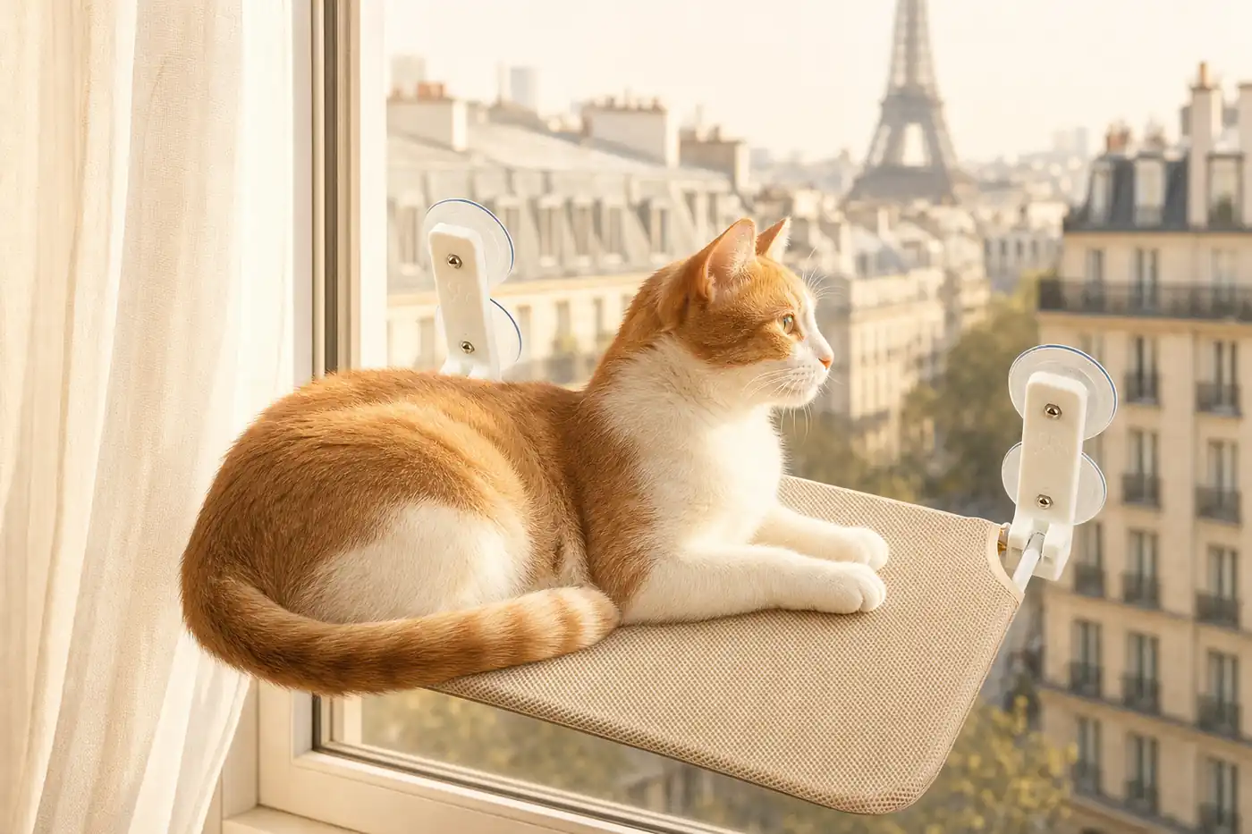 Ginger cat stretched out on a window hammock in full light
