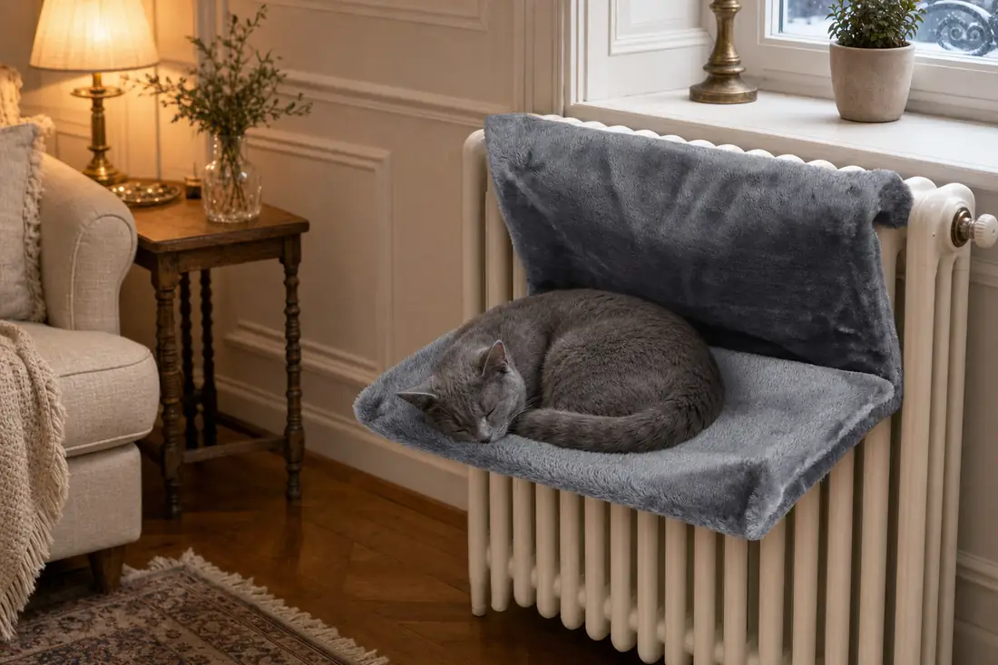 Cat settled on a hammock hooked over a radiator