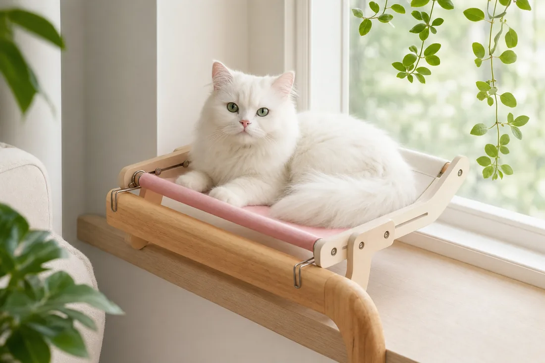 Cat lying on the taut canvas of a wooden-frame hammock