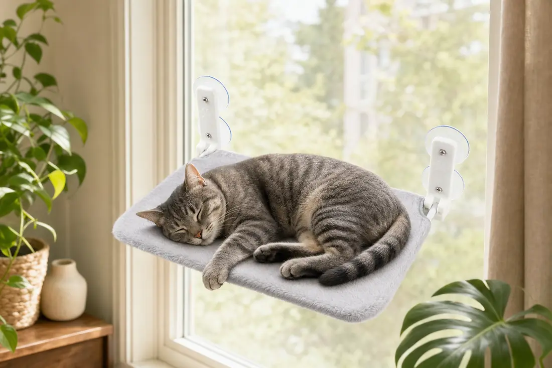 Cat asleep on a window hammock in front of a large window