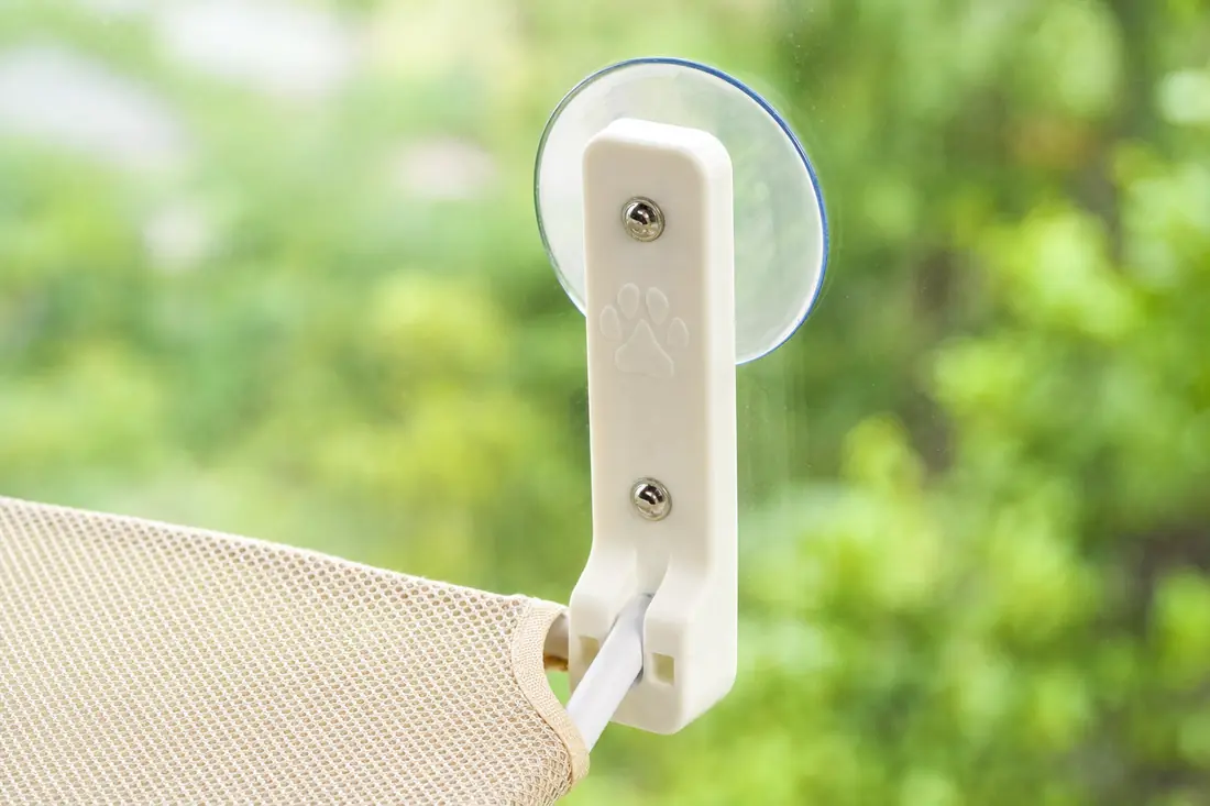 Close-up of a suction cup pressed flat against a window, the white arm of the hammock visible