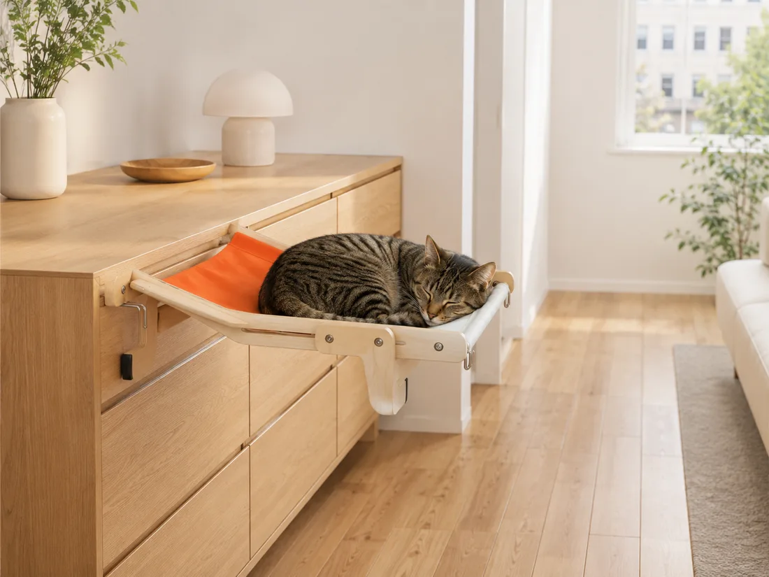 Wooden-frame hammock with ecru and orange canvas, clamped to the edge of a light wood dresser, a tabby cat lying on it