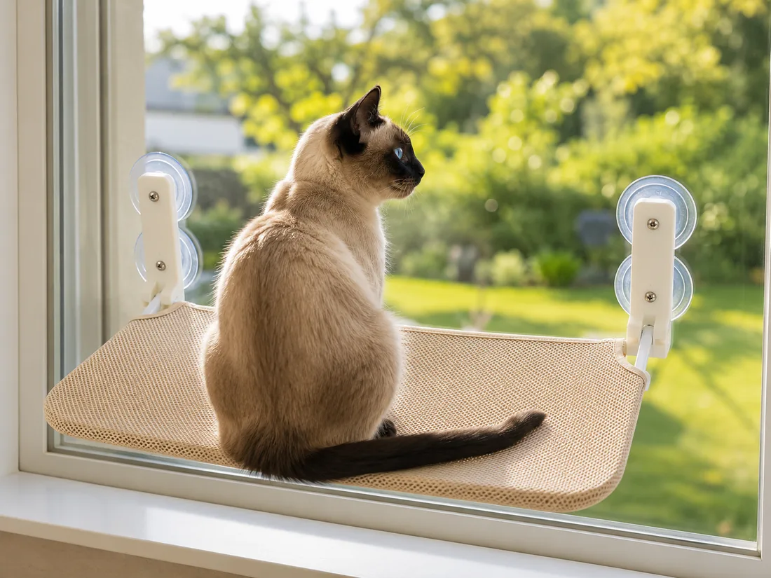 Beige mesh cat platform held by four suction cups on a picture window, a Siamese cat sitting and watching the garden