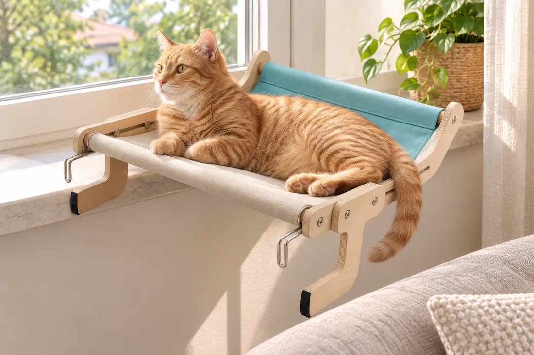 Ginger cat lying on the teal canvas perch clamped to a window sill, the two metal hooks clearly visible under the ledge
