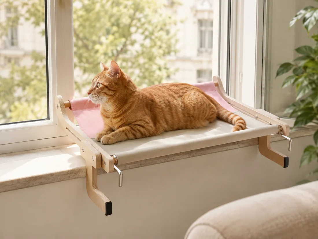 Ginger cat stretched out on the pink canvas perch clamped to a city window sill, the metal hooks gripping under the ledge