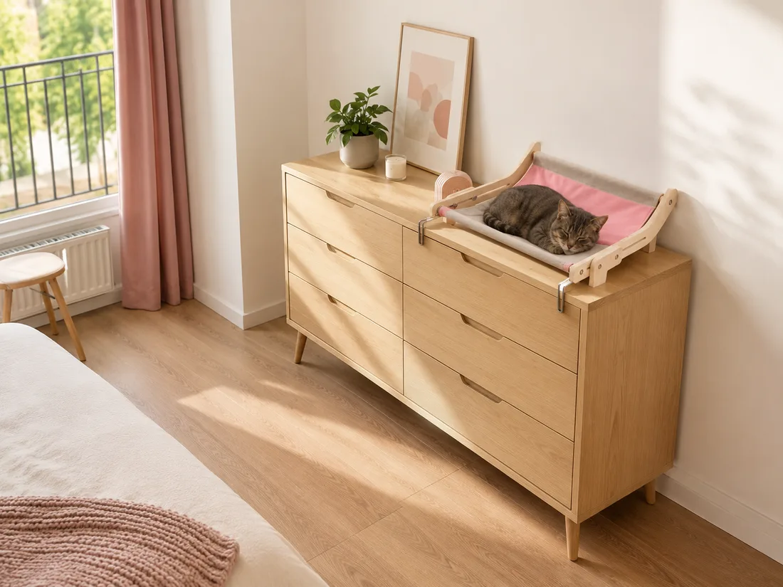 Wide view of a studio flat: the pink canvas perch clamped to a dresser, a cat asleep, the floor completely clear