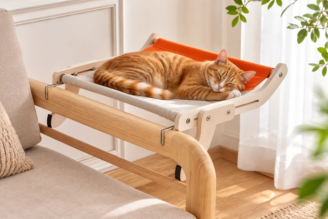 Ginger cat asleep on the ecru and orange canvas perch, clamped to the edge of a light wood worktop
