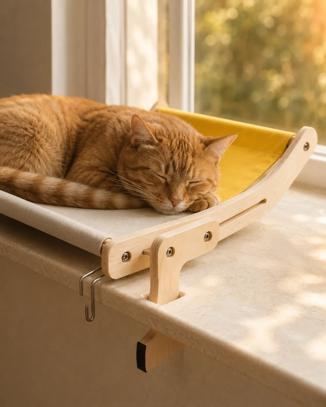 Vertical portrait of a ginger cat asleep on the yellow canvas perch at the edge of a window sill in evening sun