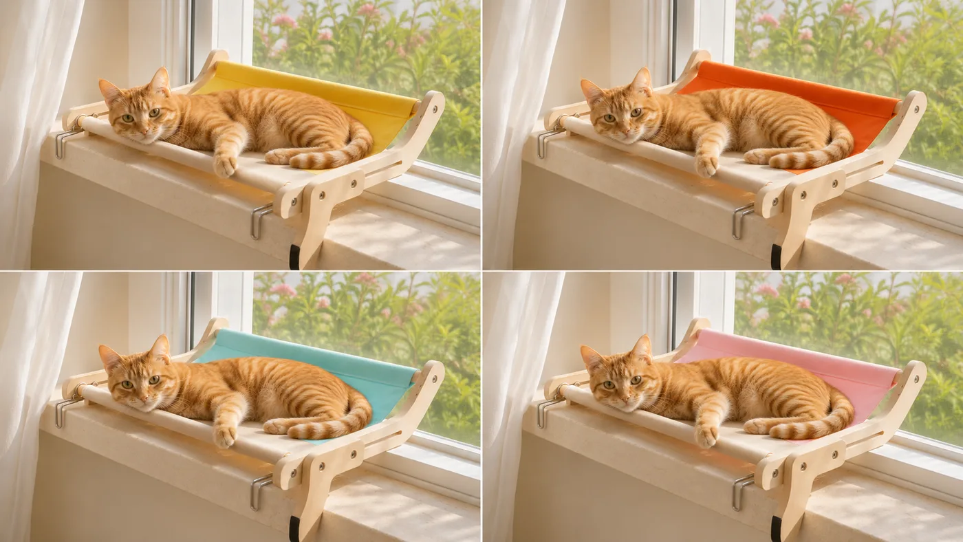The same perch in its four canvas colors, shot at the same angle on the same window sill