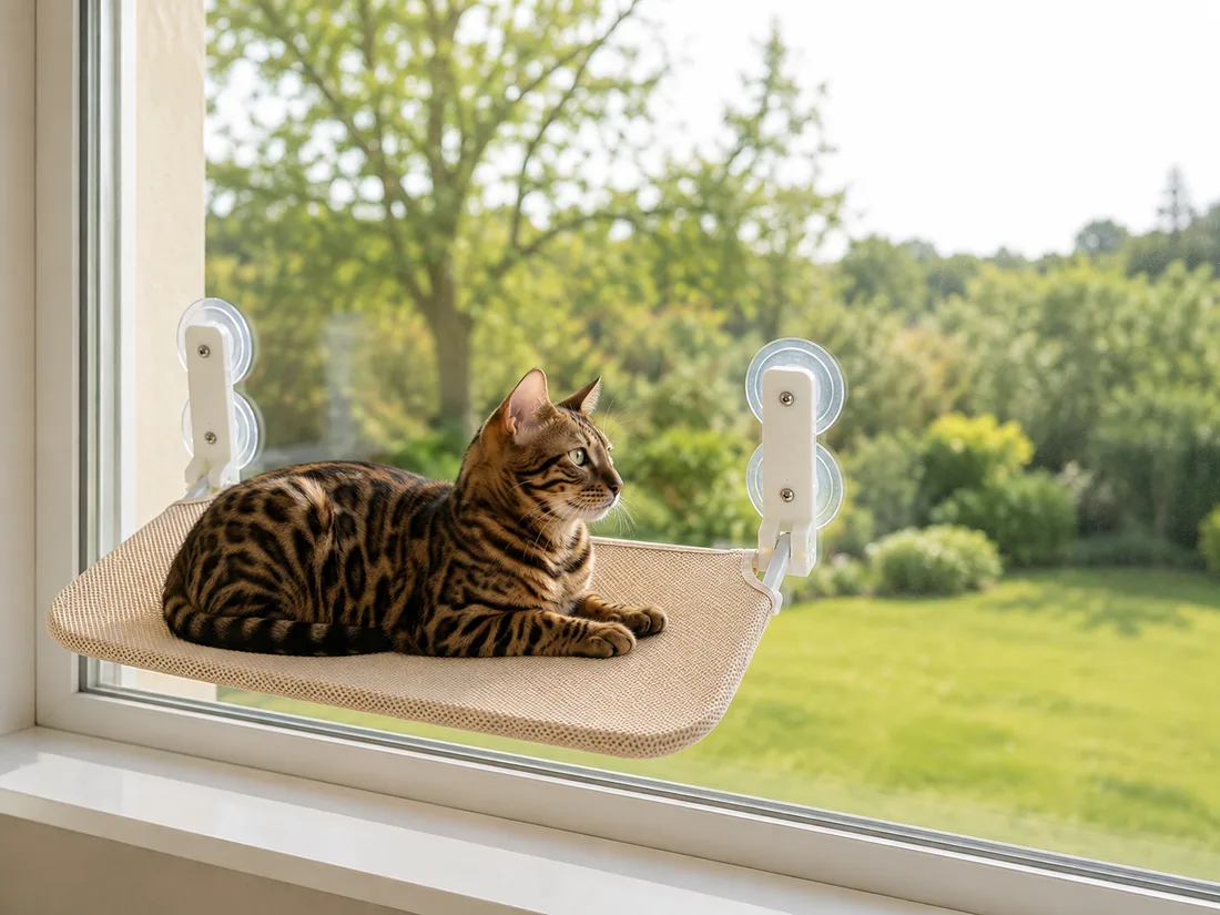 Beige mesh platform held by four suction cups on a picture window, a Bengal cat lying on it looking out