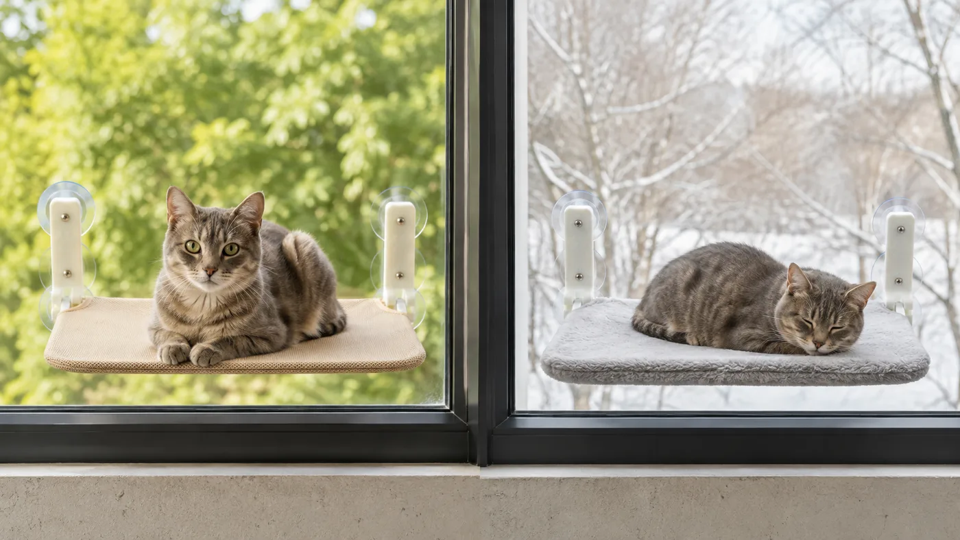 Two platforms at the same window: beige mesh in summer light, gray plush in winter light