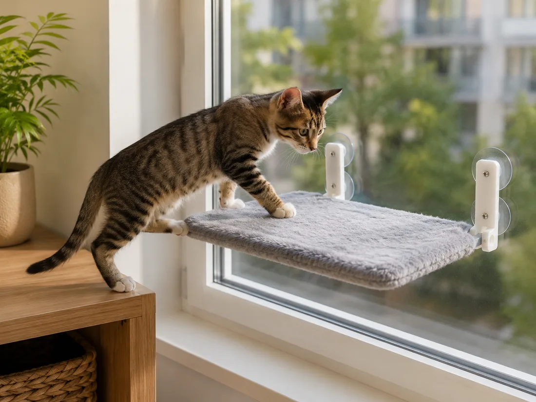 A young cat climbing onto the gray platform from a low cabinet, both front paws on the plush