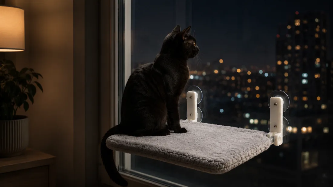Gray plush platform at a large window in the evening, a black cat sitting in profile against the city lights