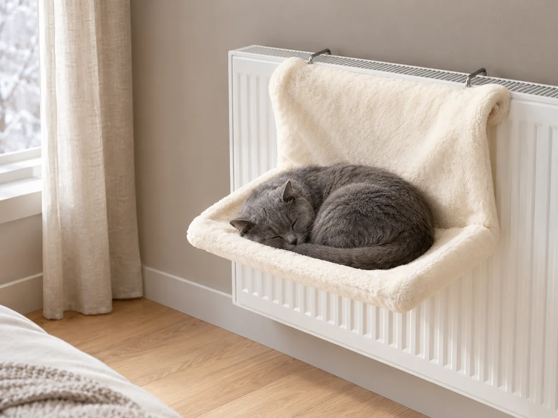 Cream plush radiator bed hooked onto a white radiator by its two metal hooks, a gray cat curled up inside