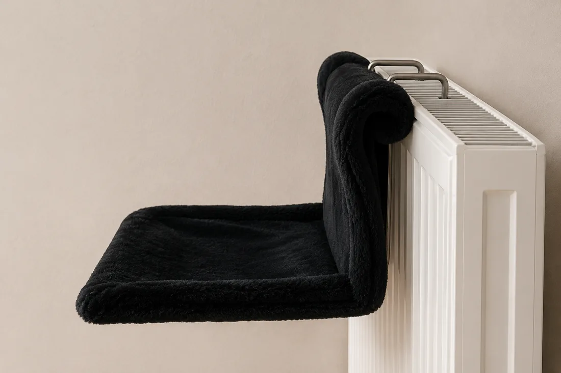 Side view of the black radiator bed with no cat: dipped seat, raised backrest, rolled top edge