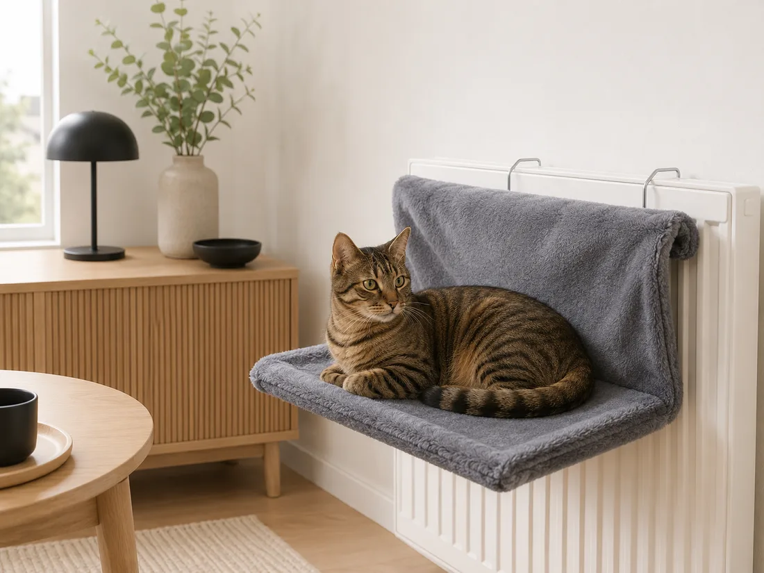 Gray plush radiator bed on a radiator, a tabby cat sitting in it, the floor of the room completely clear