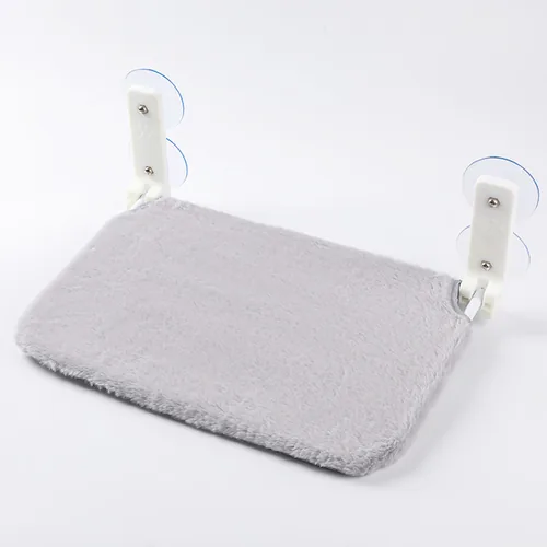 Cat window platform, gray plush and four clear suction cups